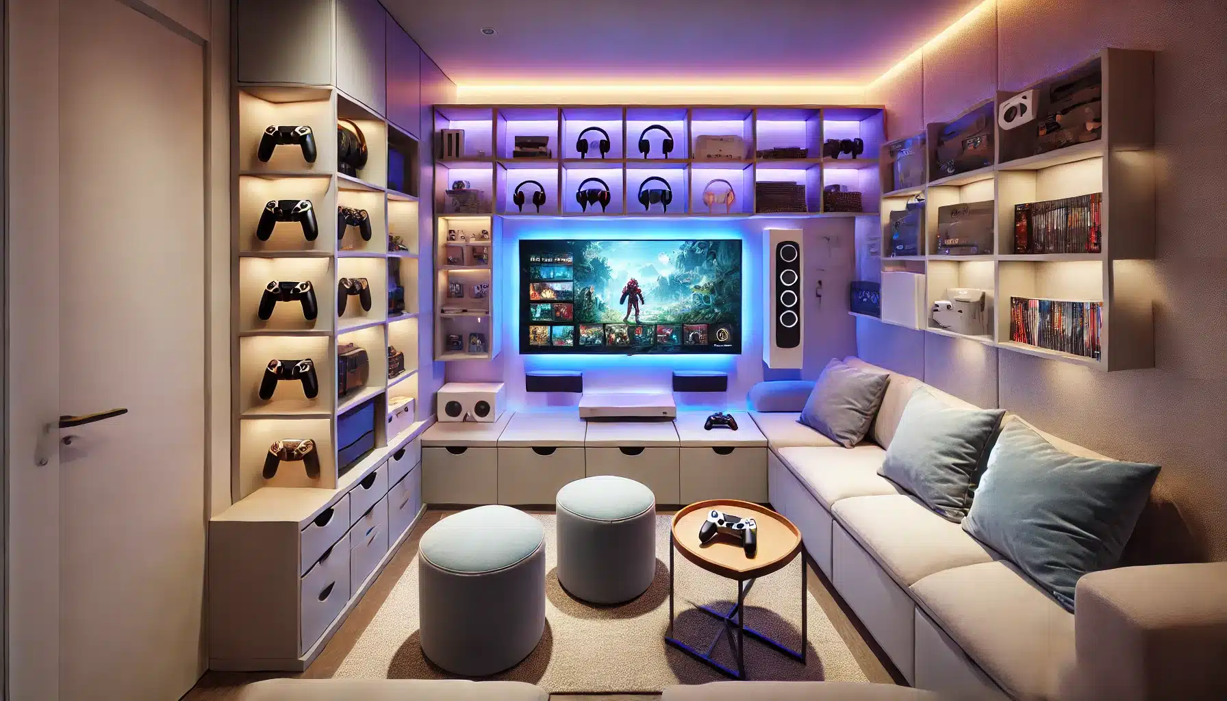 small, modern game room optimized for space,